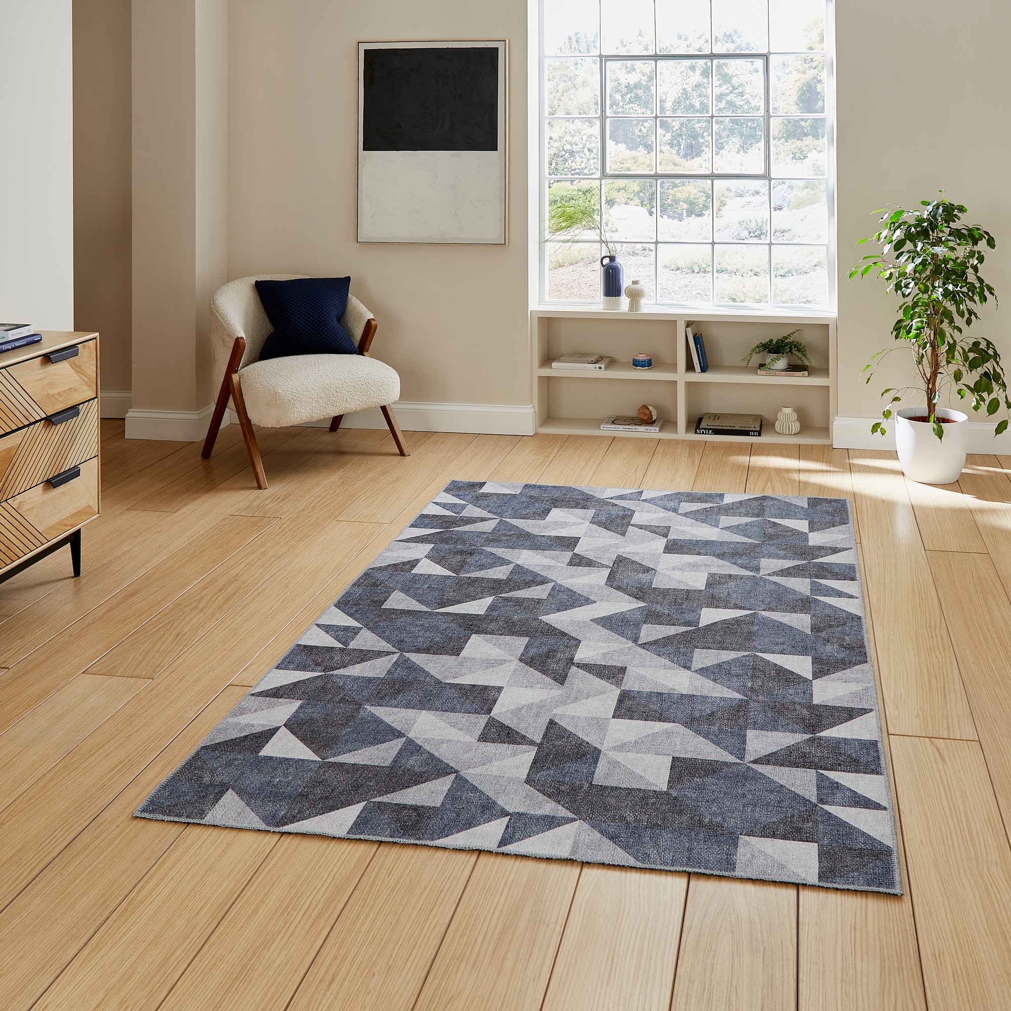 Coral H1057 Modern Washable Geometric Rugs In Blue Grey